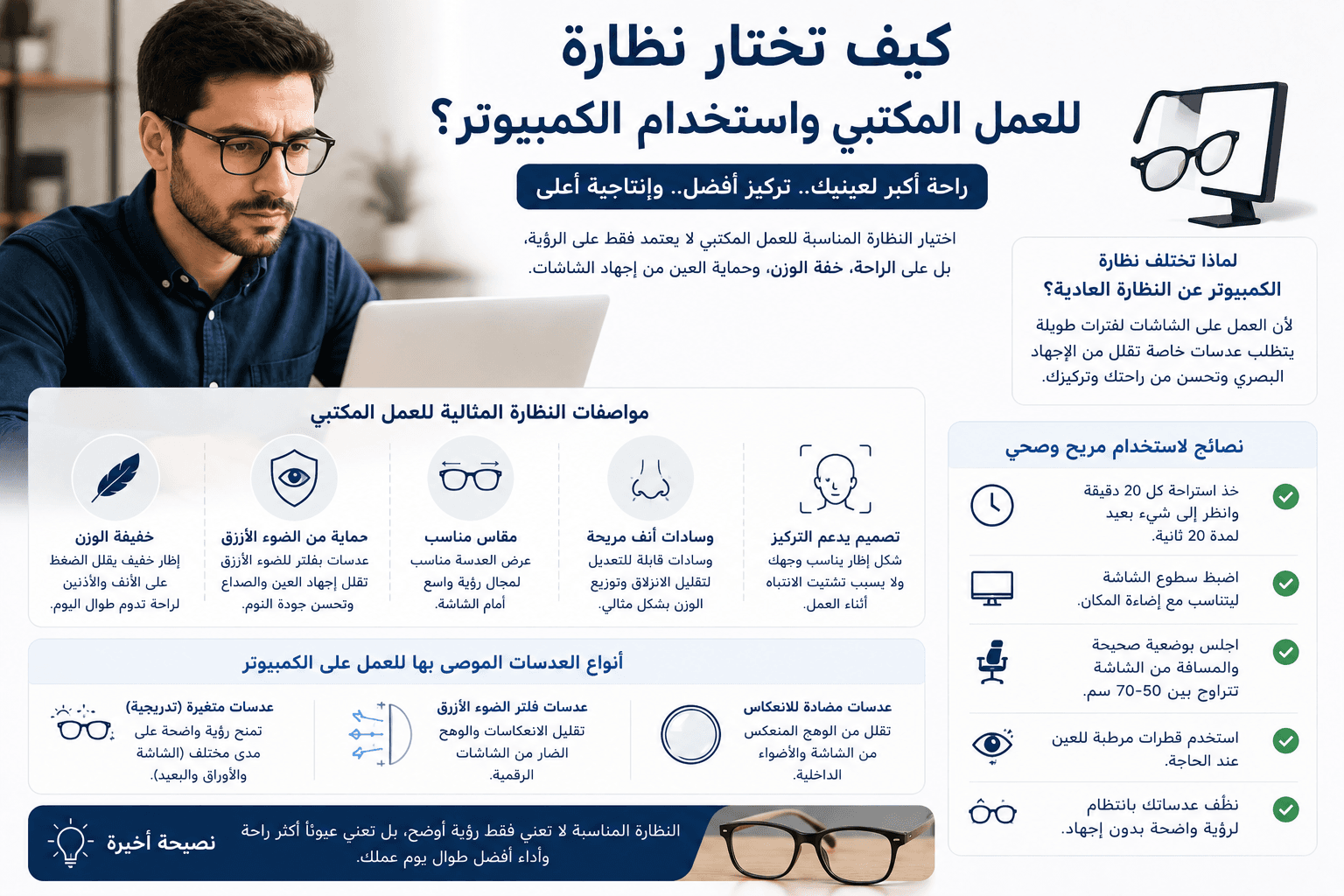 كيف تختار نظارة للعمل المكتبي واستخدام الكمبيوتر؟