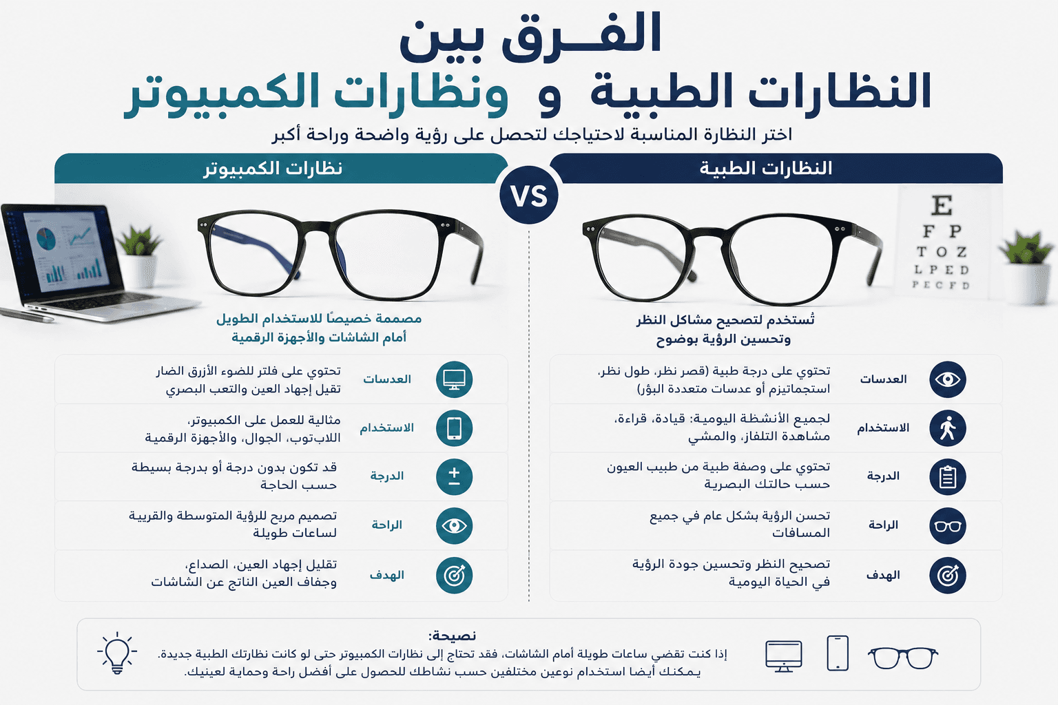الفرق بين النظارات الطبية ونظارات الكمبيوتر