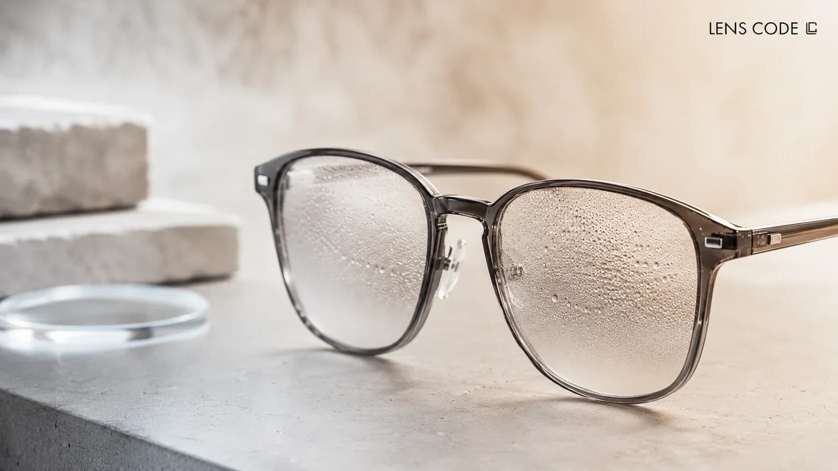Foggy eyeglass lenses showing condensation caused by changes in temperature and humidity