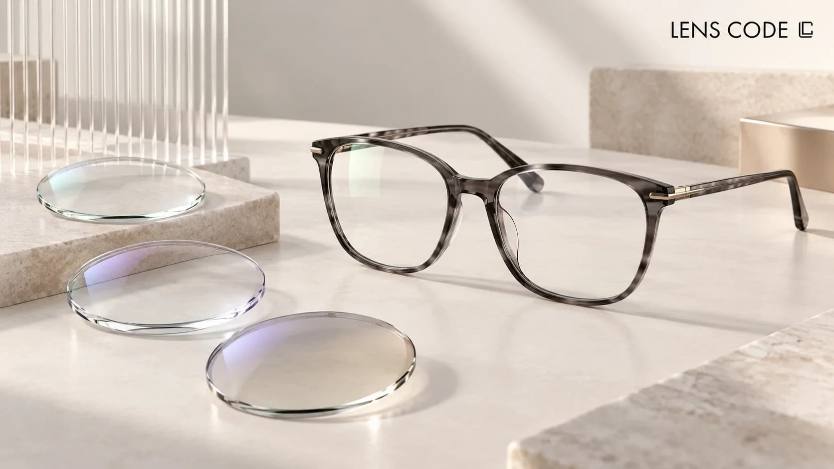 Types of eyeglass lenses separated into optical design, material or index, and lens treatments